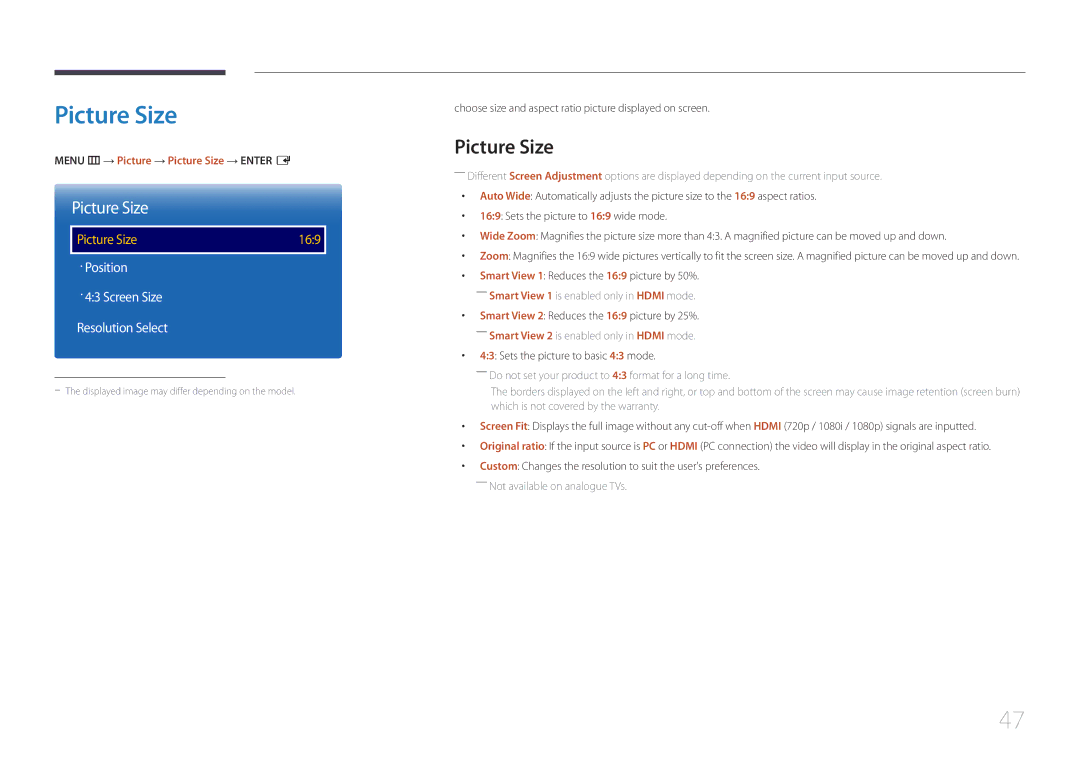 Samsung LH40EBDELGW/EN, LH48EBDELGW/EN manual Menu m → Picture → Picture Size → Enter E 