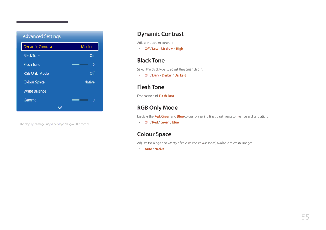Samsung LH40EBDELGW/EN, LH48EBDELGW/EN manual Dynamic Contrast, Black Tone, Flesh Tone, RGB Only Mode, Colour Space 