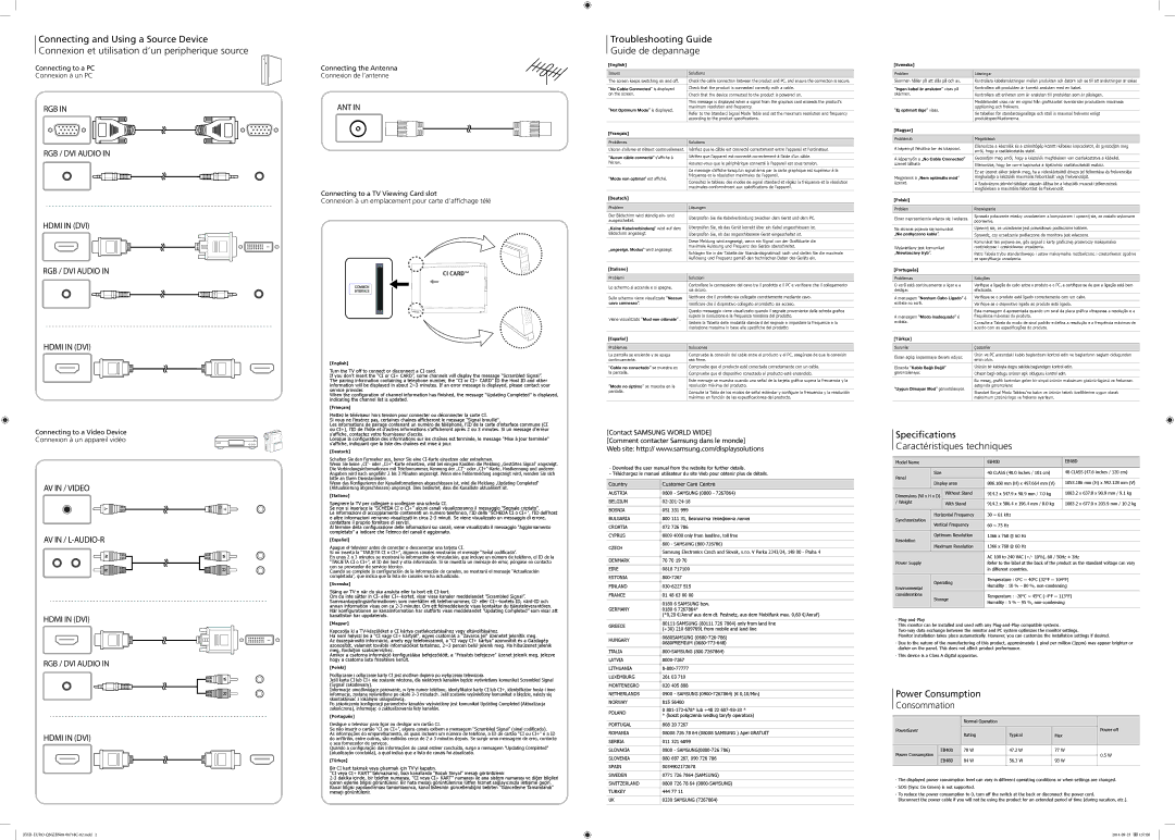 Samsung LH48EBDELGW/EN, LH40EBDELGW/EN Troubleshooting Guide Guide de depannage, Speciﬁcations Caractéristiques techniques 