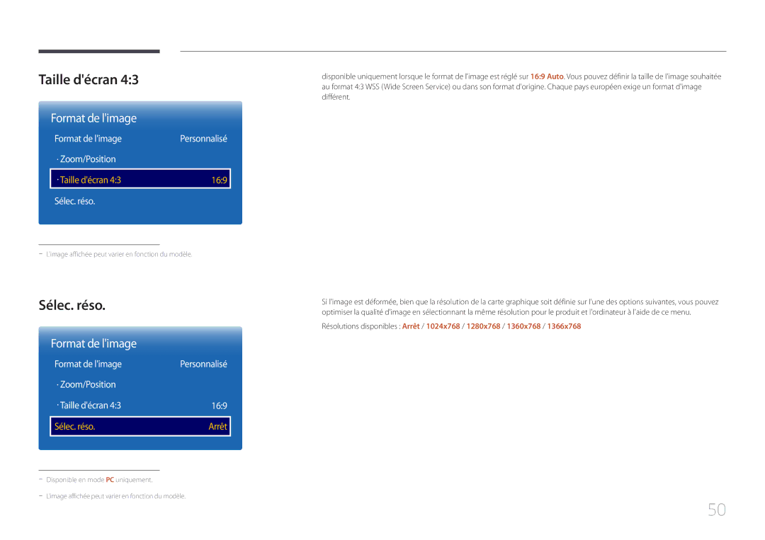 Samsung LH48EBDELGW/EN, LH40EBDELGW/EN manual Taille décran, Sélec. réso 