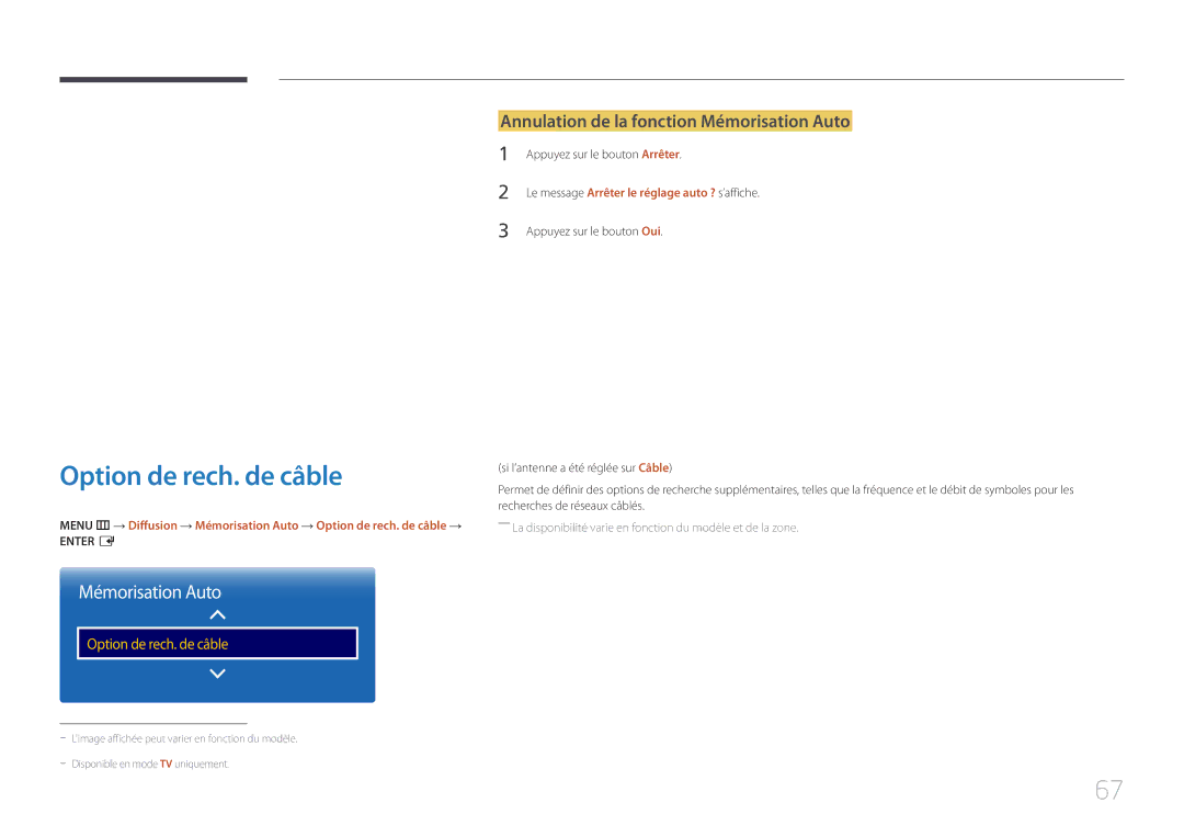 Samsung LH40EBDELGW/EN, LH48EBDELGW/EN manual Option de rech. de câble, Annulation de la fonction Mémorisation Auto 