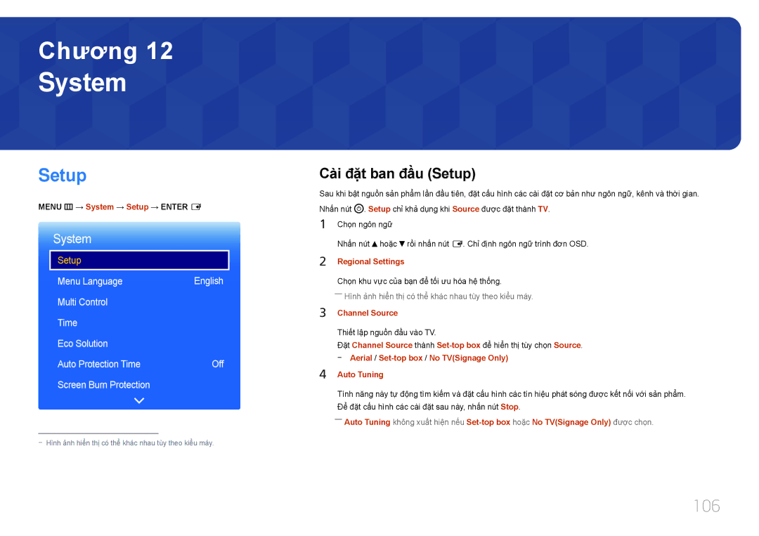 Samsung LH48EBDWLGW/XV, LH40EBDWLGW/XV manual System, 106, Cà̀i đặ̣t ban đầu Setup 