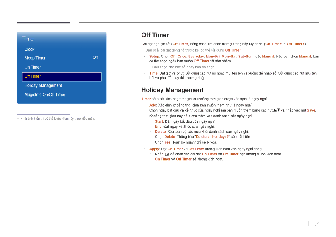 Samsung LH48EBDWLGW/XV, LH40EBDWLGW/XV manual 112, Off Timer, Holiday Management 