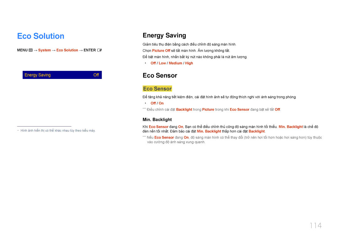 Samsung LH48EBDWLGW/XV, LH40EBDWLGW/XV manual Eco Solution, 114, Energy Saving, Eco Sensor 