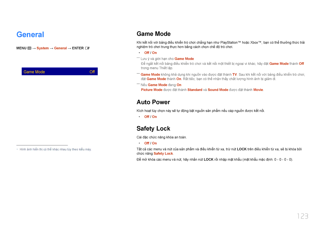 Samsung LH40EBDWLGW/XV, LH48EBDWLGW/XV manual General, 123, Game Mode, Auto Power, Safety Lock 