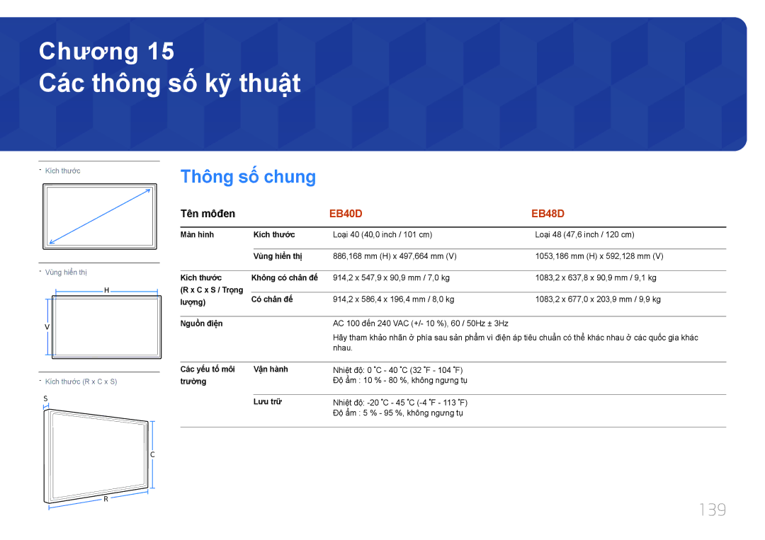 Samsung LH40EBDWLGW/XV, LH48EBDWLGW/XV manual Các thông số kỹ̃ thuậ̣t, Thông sô chung, 139, Tên môđen 