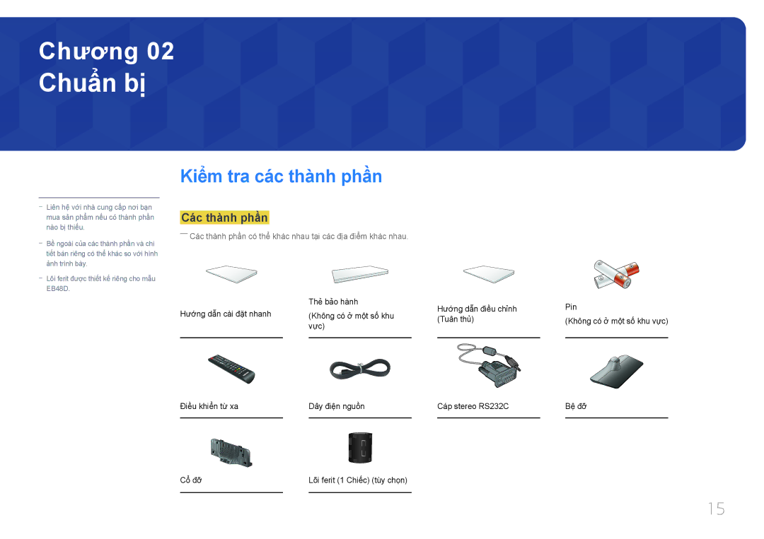 Samsung LH40EBDWLGW/XV, LH48EBDWLGW/XV manual Chuẩ̉n bị, Kiể̉m tra cá́c thà̀nh phần 