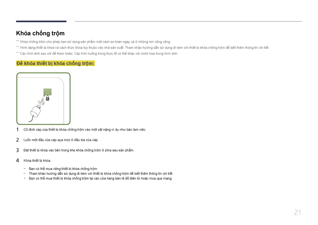 Samsung LH40EBDWLGW/XV, LH48EBDWLGW/XV manual Khóa chống trộ̣m, Để̉ khóa thiết bị khóa chống trộ̣m 