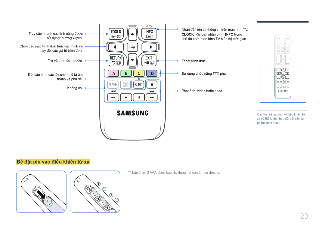 Samsung LH40EBDWLGW/XV, LH48EBDWLGW/XV manual Để̉ đặ̣t pin và̀o điề̀u khiể̉n từ xa, C D Alarm Subt 