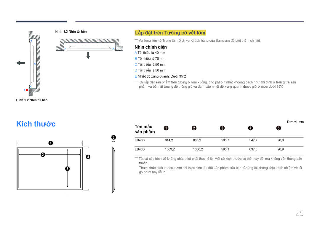 Samsung LH40EBDWLGW/XV manual Kích thươc, Lắp đặ̣t trên Tường có vết lõ̃m, Nhì̀n chí́nh diệ̣n, Tên mâu Sản phẩm 