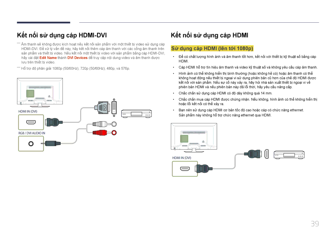 Samsung LH40EBDWLGW/XV, LH48EBDWLGW/XV manual Sử dụng cá́p Hdmi lên tới 1080p 