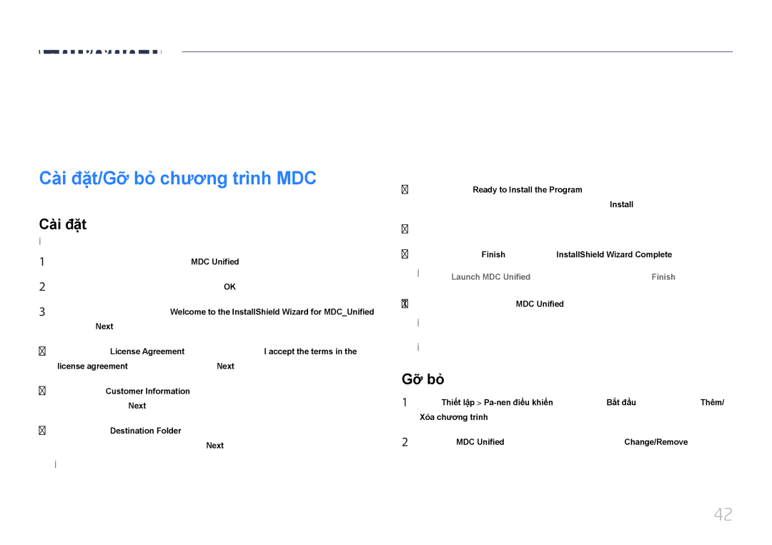 Samsung LH48EBDWLGW/XV, LH40EBDWLGW/XV manual Sử dụng MDC, Cài đặt/Gỡ bỏ chương trình MDC, Gỡ̃ bỏ̉ 
