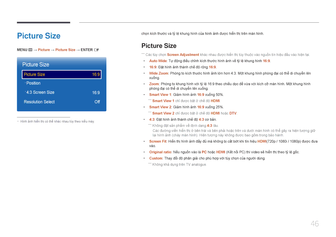 Samsung LH48EBDWLGW/XV, LH40EBDWLGW/XV manual Menu m → Picture → Picture Size → Enter E 