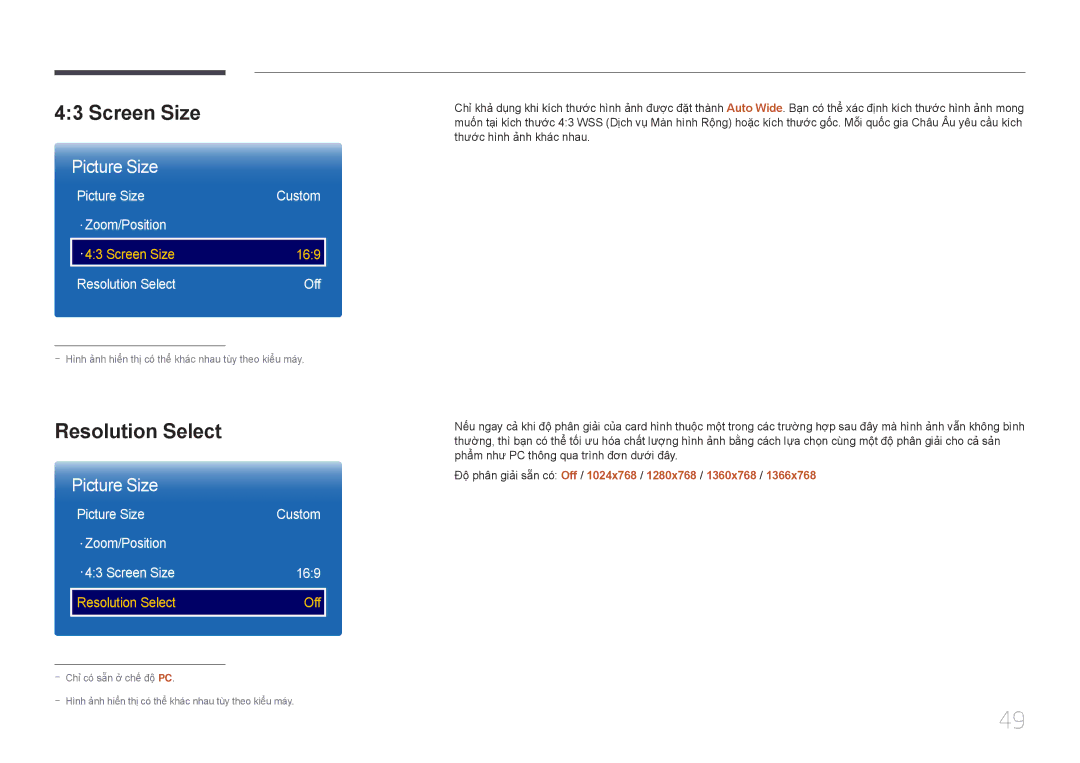 Samsung LH40EBDWLGW/XV manual Screen Size, Resolution Select, Độ̣ phân giả̉i sẵn có́ Off / 1024x768 / 1280x768 / 1360x768 