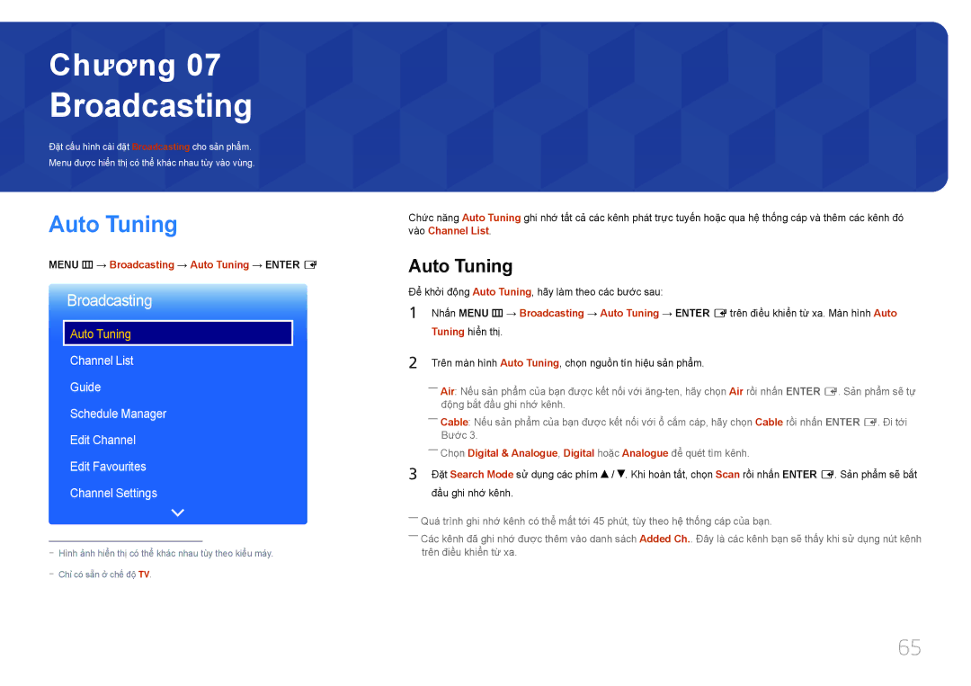 Samsung LH40EBDWLGW/XV, LH48EBDWLGW/XV manual Menu m → Broadcasting → Auto Tuning → Enter E 