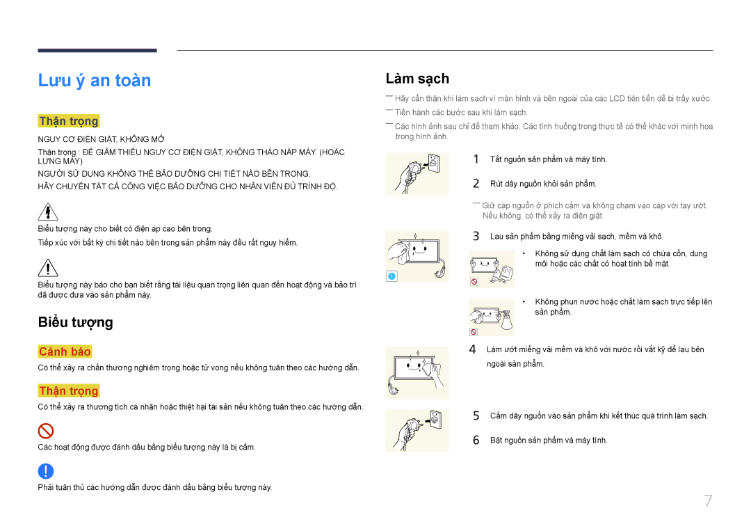 Samsung LH40EBDWLGW/XV, LH48EBDWLGW/XV manual Lưu ý an toàn, Làm sạch, Biểu tượng, Thận trọng 