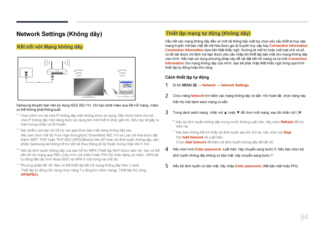 Samsung LH48EBDWLGW/XV manual Network Settings Không dây, Thiết lậ̣p mạ̣ng tự̣ độ̣ng Không dây, Kêt nôi vơi Mạng không dây 