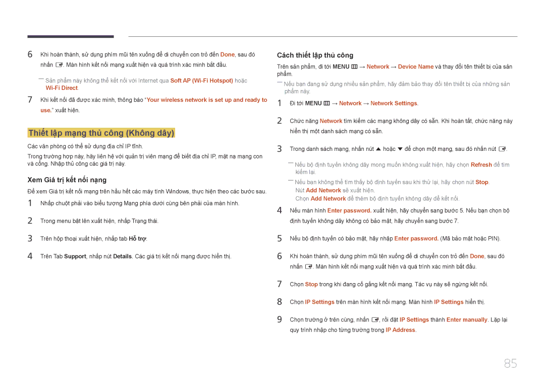 Samsung LH40EBDWLGW/XV manual Thiết lậ̣p mạ̣ng thủ̉ công Không dây, Xem Giá tri kêt nôi nạng, Cách thiêt lập thủ công 
