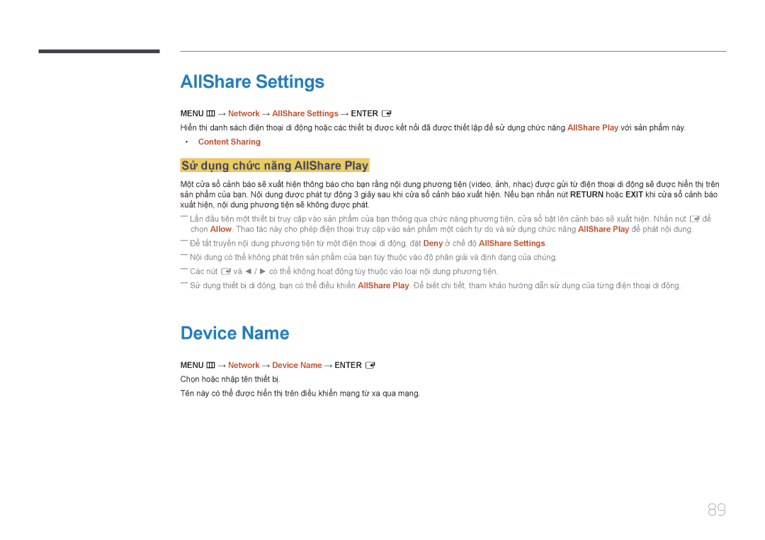 Samsung LH40EBDWLGW/XV, LH48EBDWLGW/XV manual AllShare Settings, Device Name, Sư dung chưc năng AllShare Play 