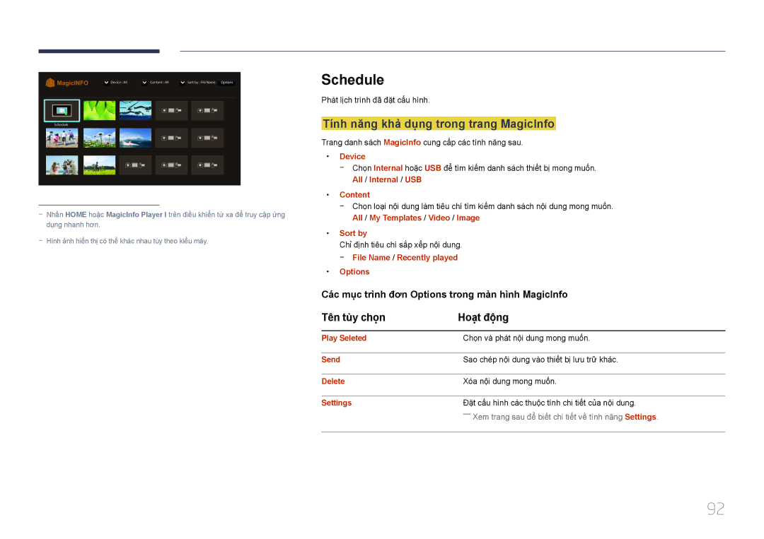 Samsung LH48EBDWLGW/XV, LH40EBDWLGW/XV manual Schedule, Tính năng khả dung trong trang MagicInfo 