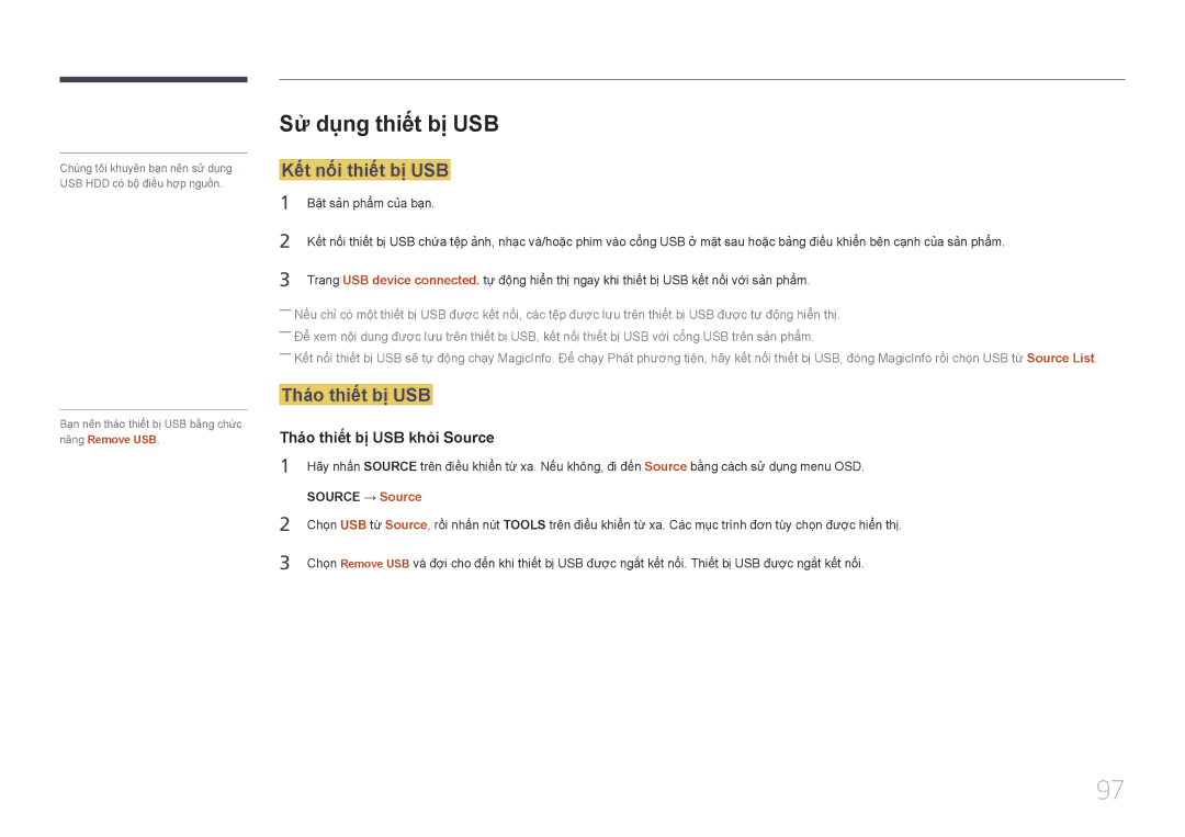 Samsung LH40EBDWLGW/XV, LH48EBDWLGW/XV Sư dung thiêt bi USB, Kêt nôi thiêt bi USB, Tháo thiêt bi USB khỏi Source 