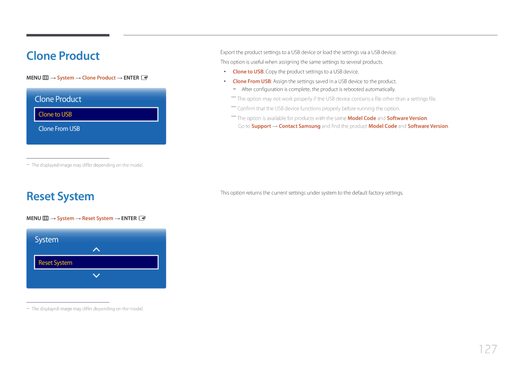 Samsung LH40EBDWLGW/XV, LH48EBDWLGW/XV manual Clone Product, Reset System, 127 
