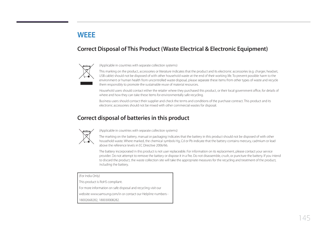 Samsung LH40EBDWLGW/XV, LH48EBDWLGW/XV manual 145, Correct disposal of batteries in this product 