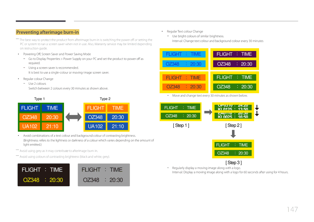 Samsung LH40EBDWLGW/XV manual 147, Preventing afterimage burn-in, Switch between 2 colours every 30 minutes as shown above 