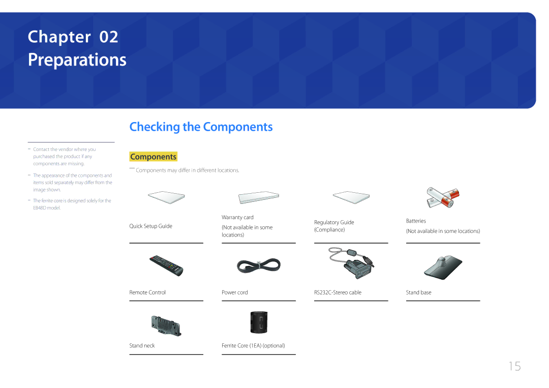 Samsung LH40EBDWLGW/XV, LH48EBDWLGW/XV manual Preparations, Checking the Components, Locations 