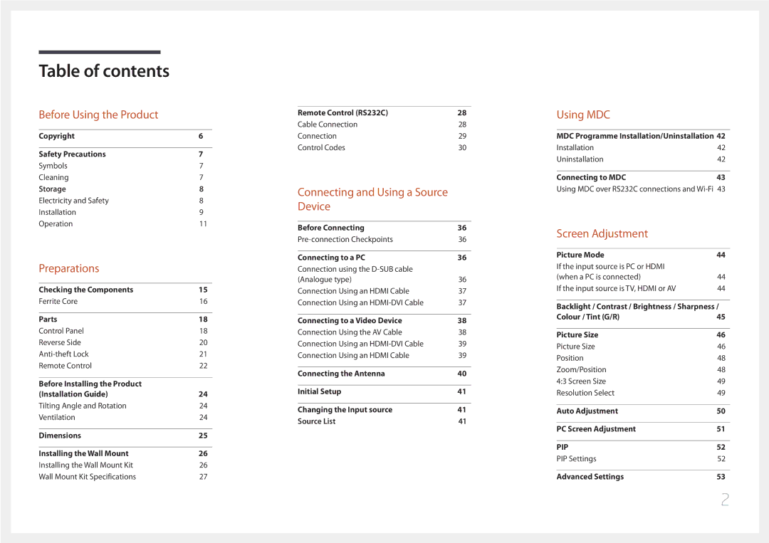 Samsung LH48EBDWLGW/XV, LH40EBDWLGW/XV manual Table of contents 