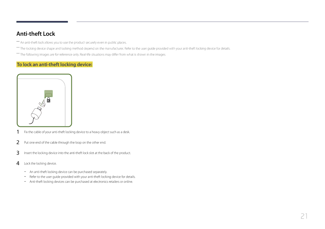 Samsung LH40EBDWLGW/XV, LH48EBDWLGW/XV manual Anti-theft Lock, To lock an anti-theft locking device 
