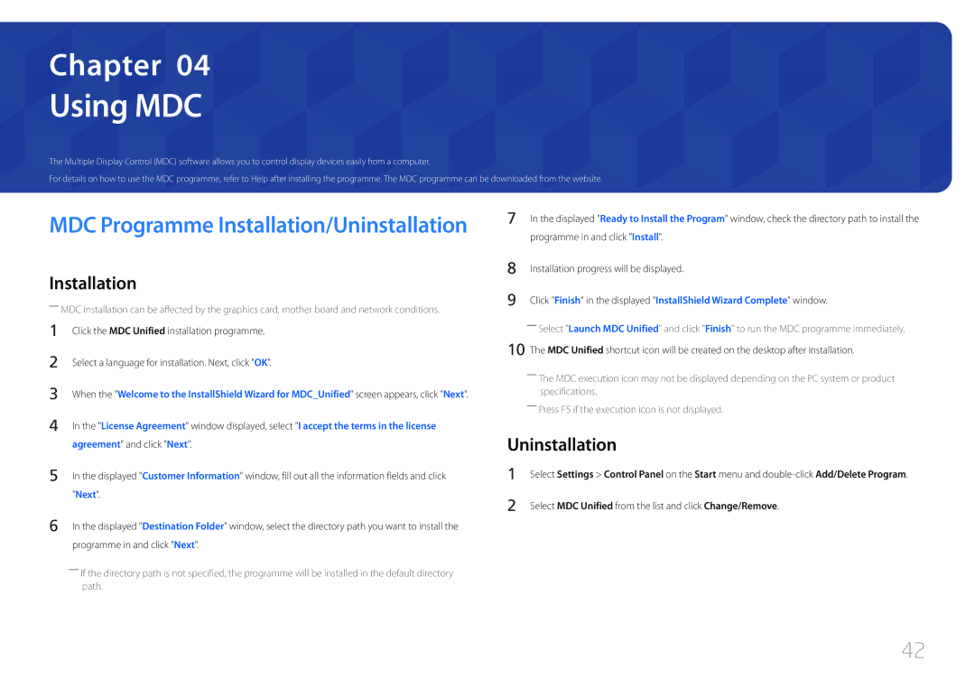 Samsung LH48EBDWLGW/XV, LH40EBDWLGW/XV manual Using MDC, Uninstallation 