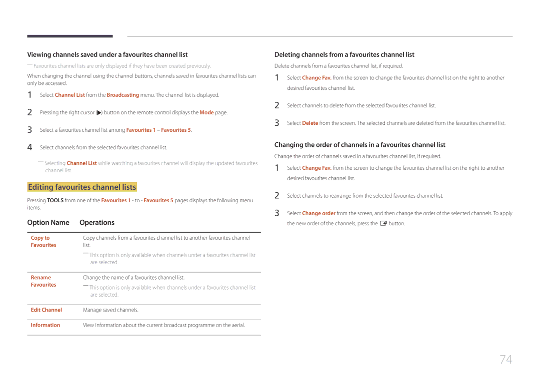 Samsung LH48EBDWLGW/XV manual Editing favourites channel lists, Viewing channels saved under a favourites channel list 