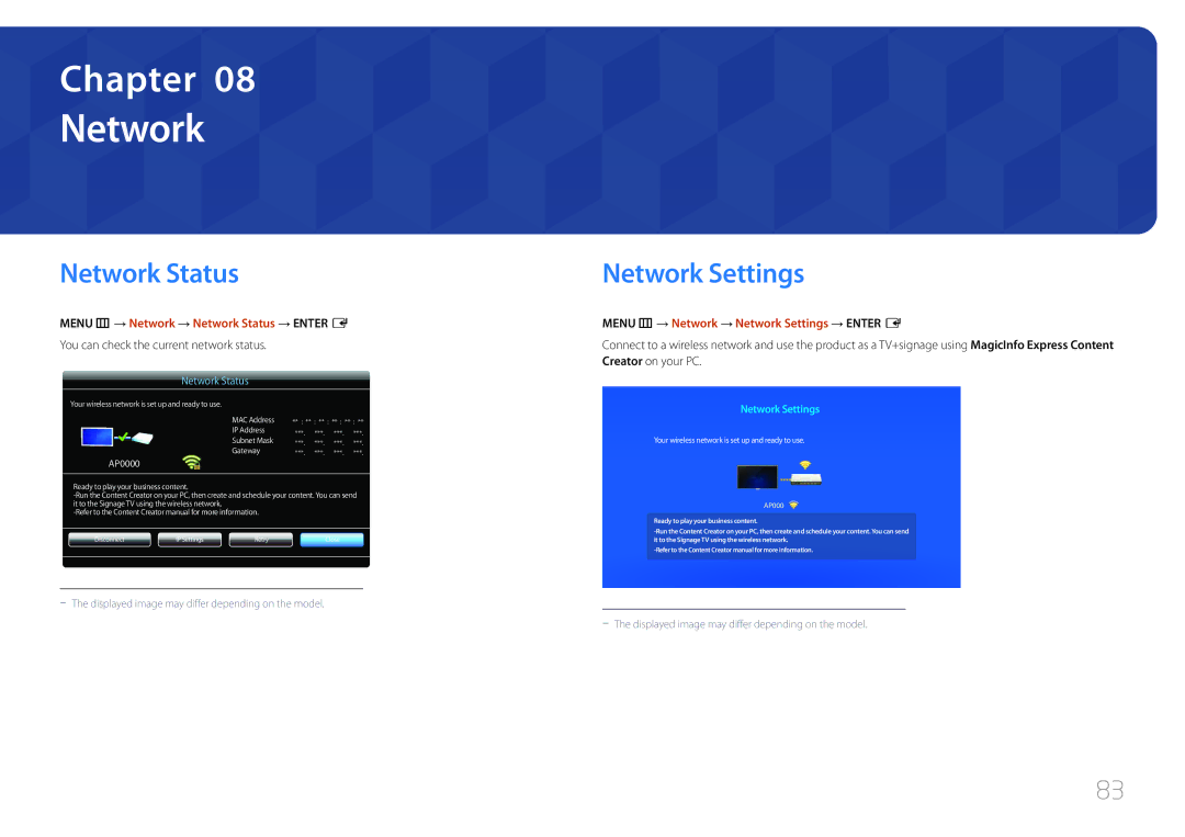 Samsung LH40EBDWLGW/XV, LH48EBDWLGW/XV manual Network Settings, Menu m → Network → Network Status → Enter E 