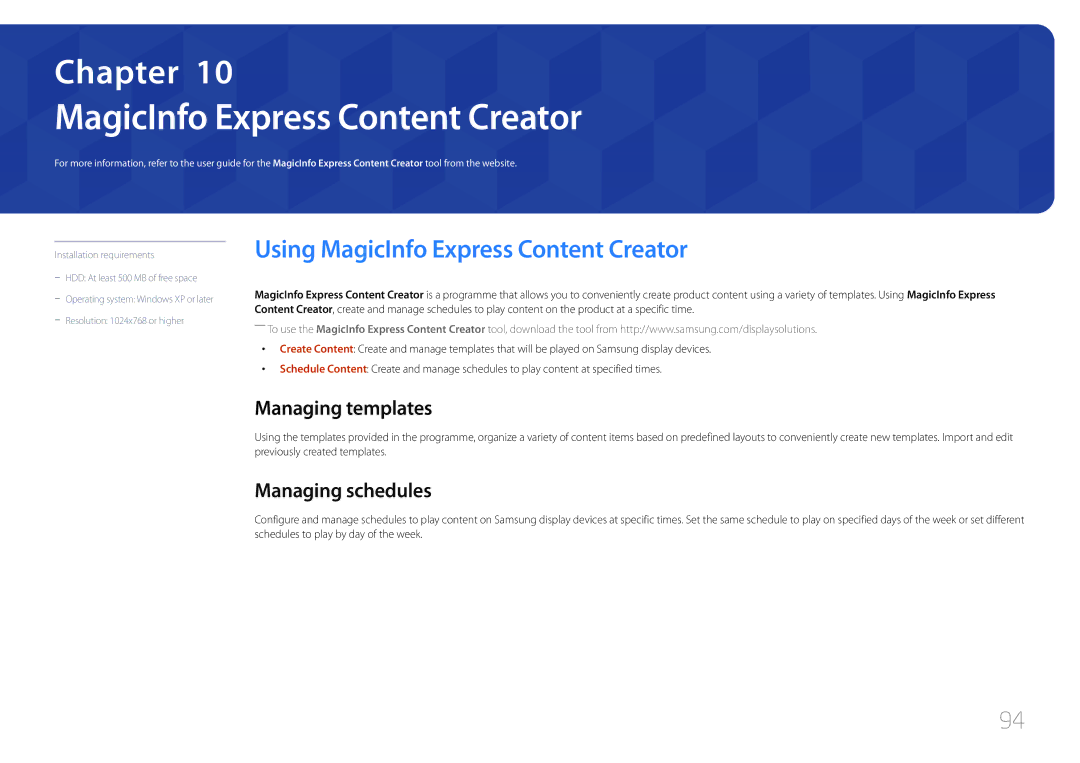 Samsung LH48EBDWLGW/XV, LH40EBDWLGW/XV Using MagicInfo Express Content Creator, Managing templates, Managing schedules 