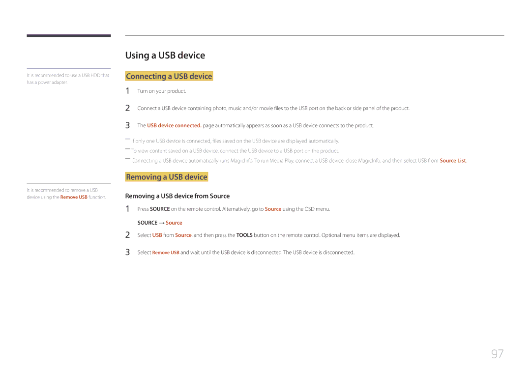 Samsung LH40EBDWLGW/XV, LH48EBDWLGW/XV Using a USB device, Connecting a USB device, Removing a USB device, Source → Source 