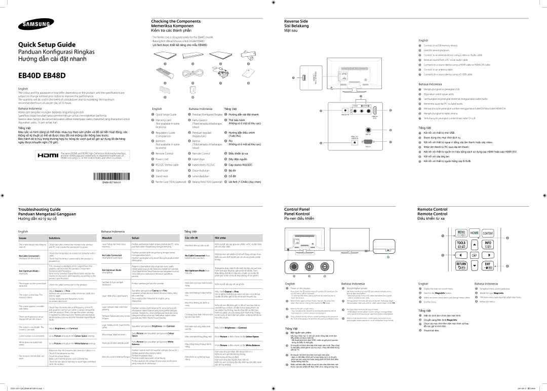 Samsung LH40EBDWLGW/XV, LH48EBDWLGW/XV manual Reverse Side Sisi Belakang Mặt sau 
