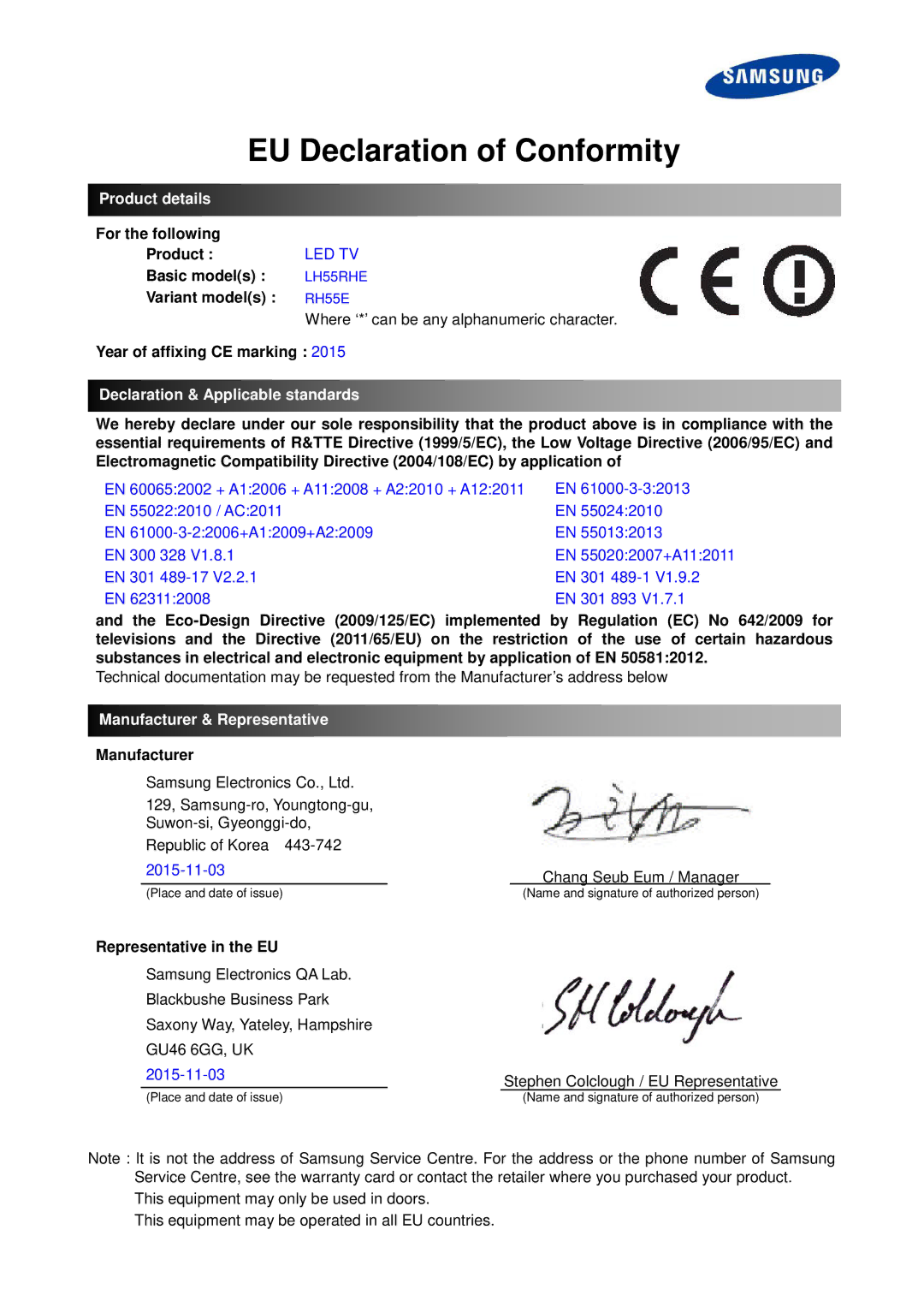 Samsung LH55RHEELGW/EN manual EU Declaration of Conformity, Product details, Led Tv, Declaration & Applicable standards 