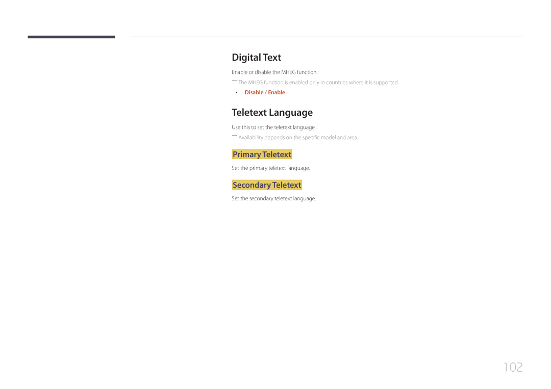 Samsung LH48RHEELGW/EN, LH55RHEELGW/EN manual 102, Digital Text, Teletext Language, Primary Teletext, Secondary Teletext 