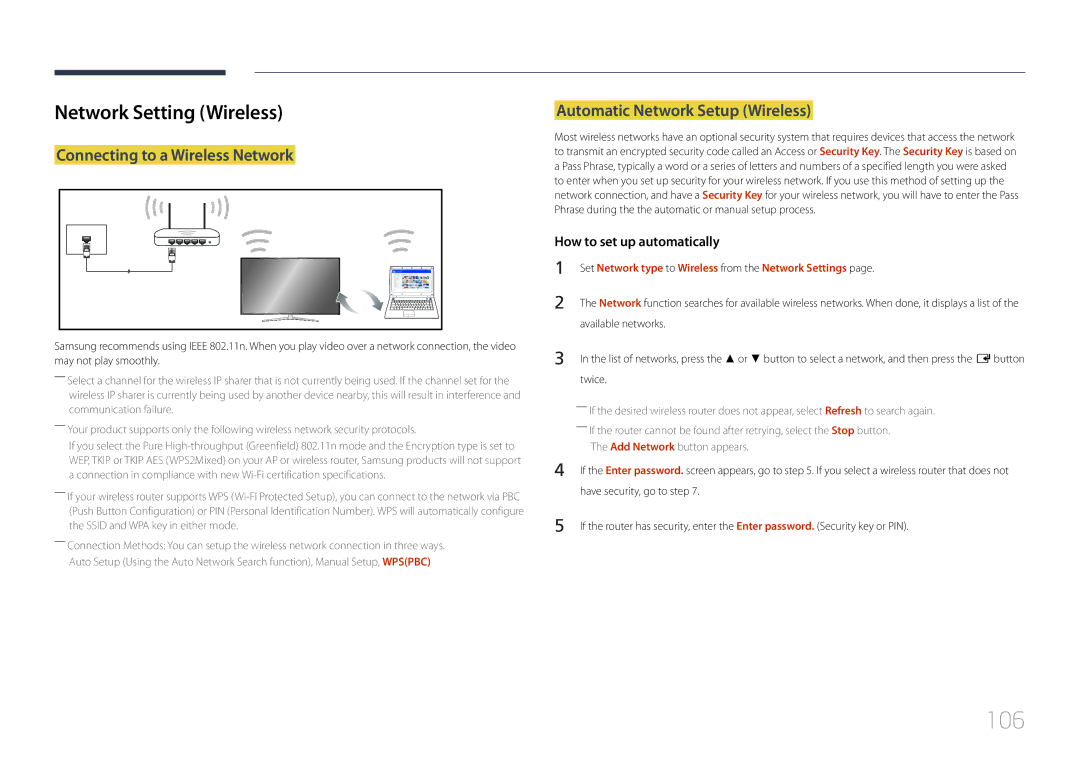 Samsung LH55RHEELGW/EN 106, Network Setting Wireless, Connecting to a Wireless Network, Automatic Network Setup Wireless 