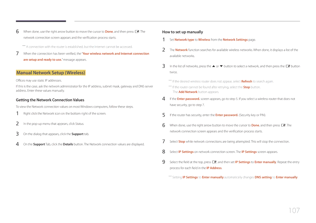 Samsung LH55RHEELGW/XE, LH48RHEELGW/EN, LH55RHEELGW/EN manual 107, Manual Network Setup Wireless 