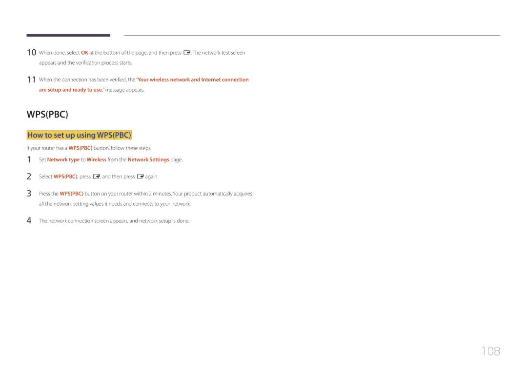 Samsung LH48RHEELGW/EN manual 108, How to set up using Wpspbc, If your router has a Wpspbc button, follow these steps 