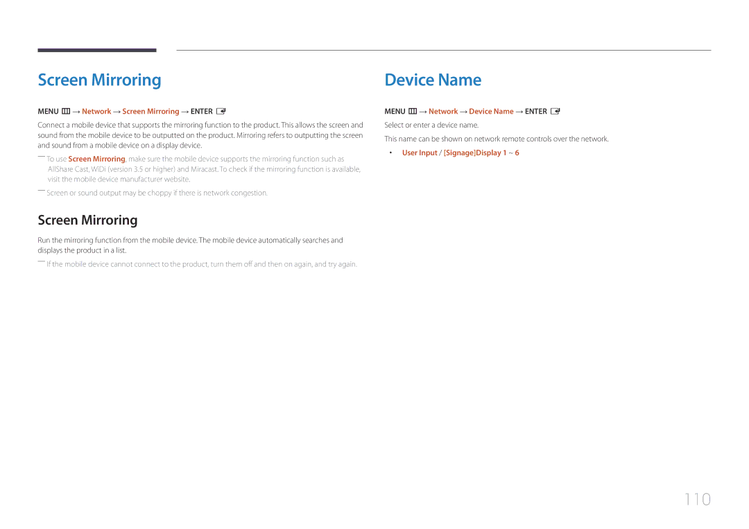 Samsung LH55RHEELGW/XE, LH48RHEELGW/EN, LH55RHEELGW/EN manual Screen Mirroring, Device Name, 110 