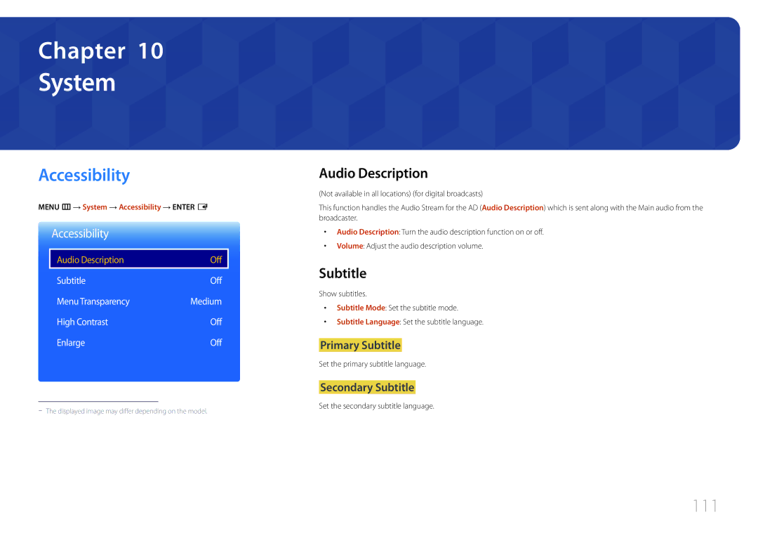 Samsung LH48RHEELGW/EN, LH55RHEELGW/EN, LH55RHEELGW/XE manual System, Accessibility, 111, Audio Description, Subtitle 