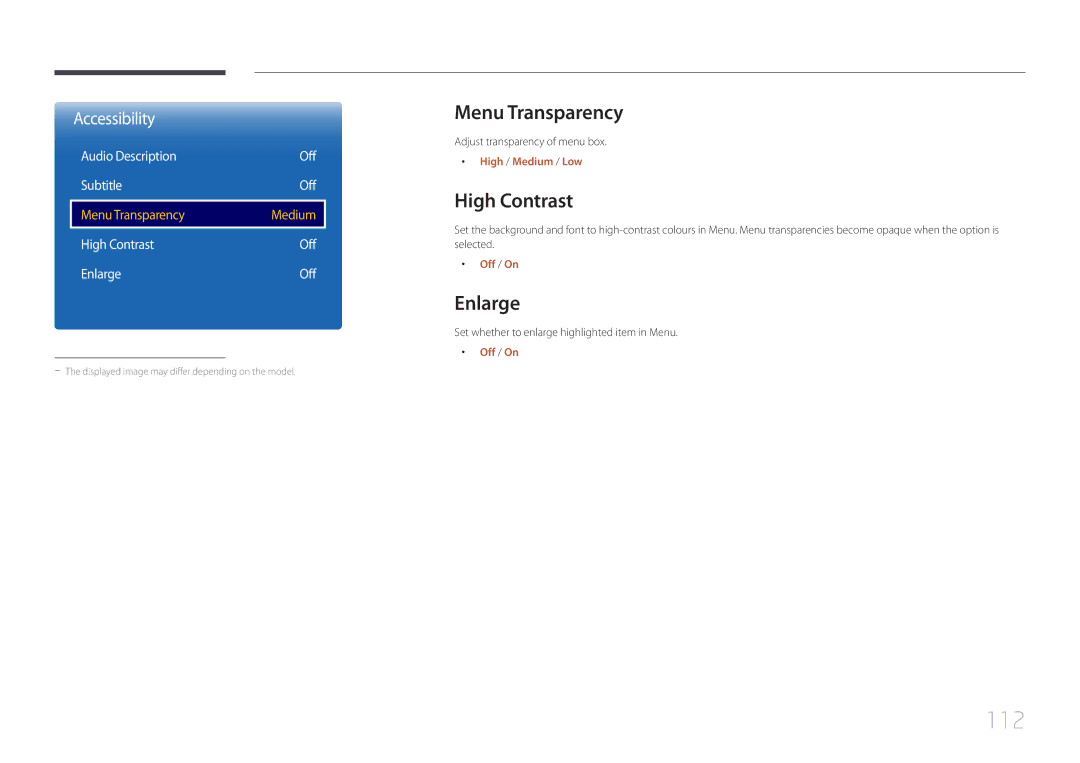 Samsung LH55RHEELGW/EN, LH48RHEELGW/EN, LH55RHEELGW/XE manual 112, Menu Transparency, High Contrast, Enlarge 