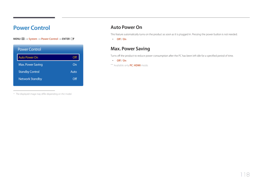 Samsung LH55RHEELGW/EN, LH48RHEELGW/EN, LH55RHEELGW/XE manual Power Control, 118, Auto Power On, Max. Power Saving 