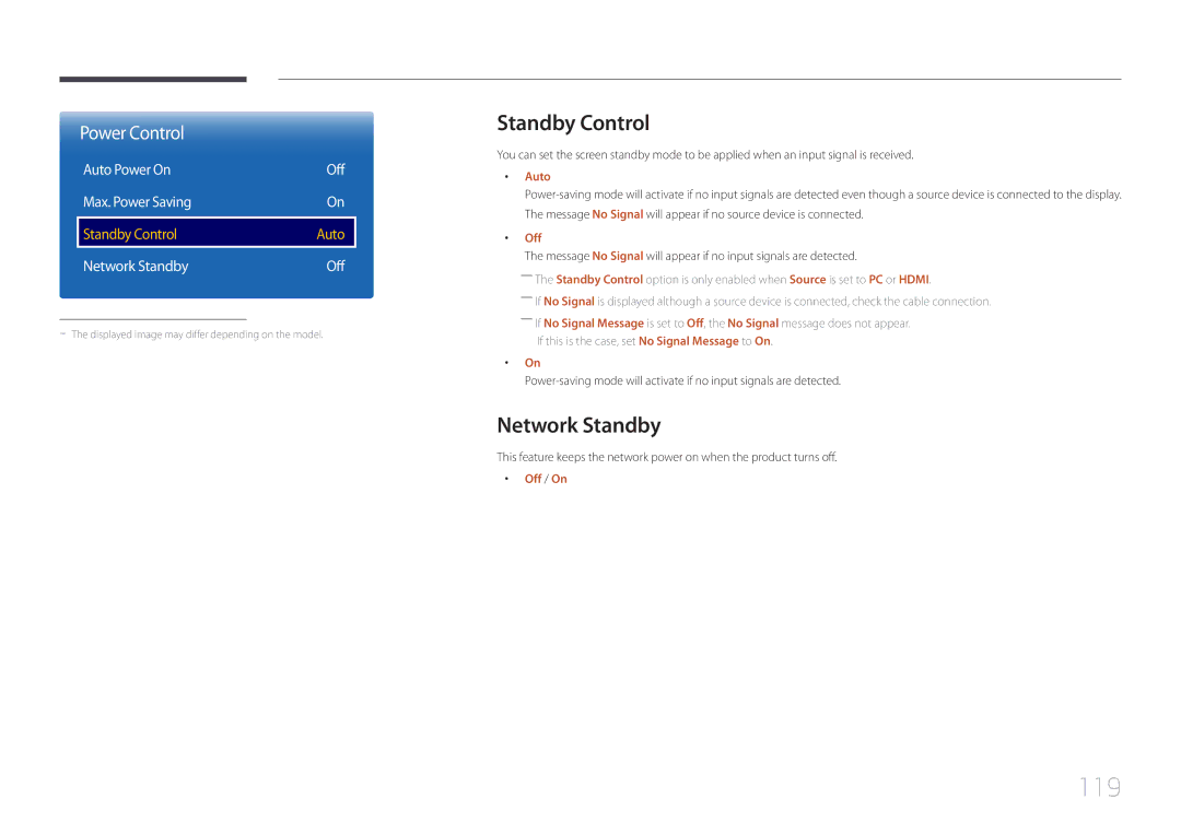 Samsung LH55RHEELGW/XE, LH48RHEELGW/EN, LH55RHEELGW/EN manual 119, Standby Control, Network Standby, Auto 