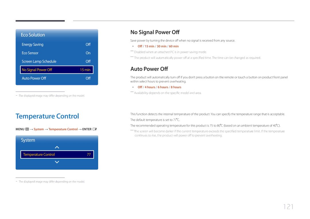 Samsung LH55RHEELGW/EN, LH48RHEELGW/EN, LH55RHEELGW/XE manual Temperature Control, 121, No Signal Power Off, Auto Power Off 