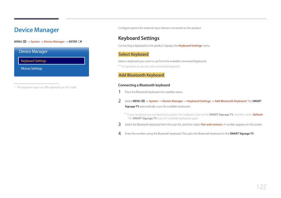 Samsung LH55RHEELGW/XE, LH48RHEELGW/EN, LH55RHEELGW/EN manual Device Manager, 122, Keyboard Settings 