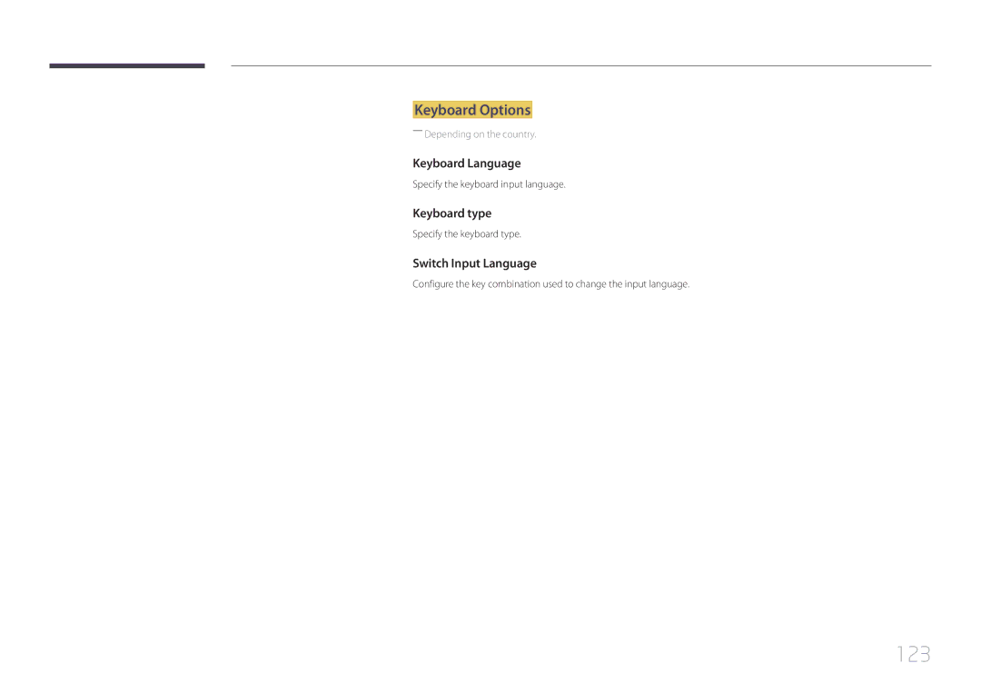 Samsung LH48RHEELGW/EN, LH55RHEELGW/EN manual 123, Keyboard Options, Keyboard Language, Keyboard type, Switch Input Language 